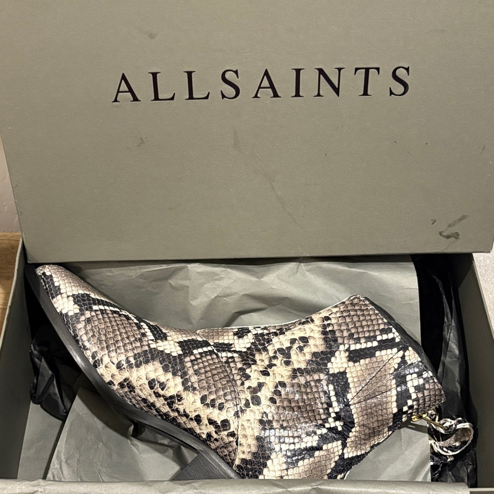 All Saints Black and Cream Snake Print Boots